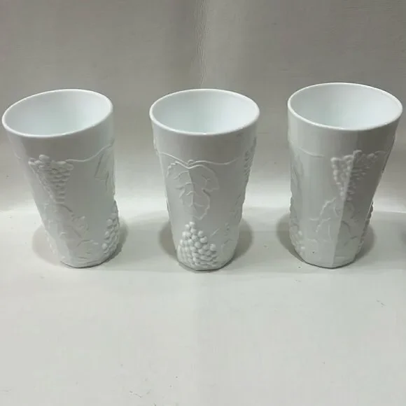Indiana White Milk Glass Drinking 16 Ounces Glasses Tumblers Raised Grape Leaves