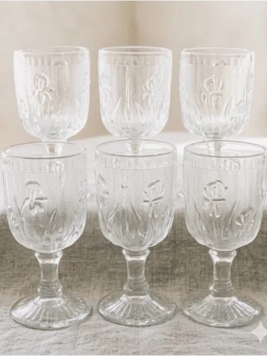 Jeannette Iris & Herringbone Clear Depression Glass 6 Wine Goblets & Plate.
