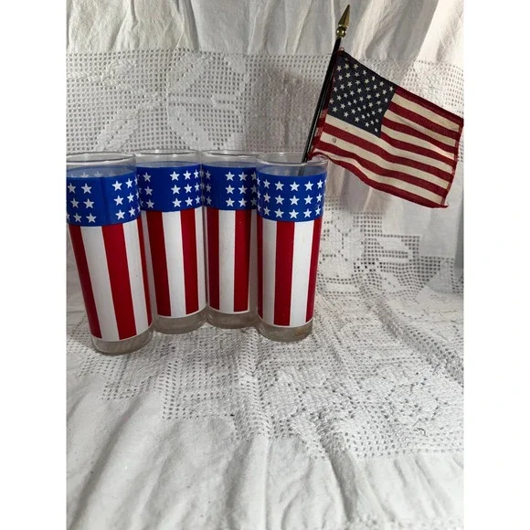 Vintage American Flag Highball Glasses Set of 4 Patriotic Red White Blue Stars