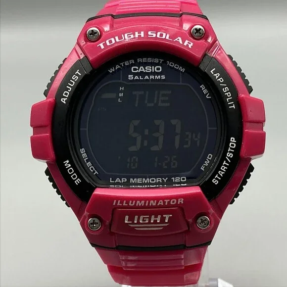 Casio W-S220 Mens Watch 48mm Digital Black Pink Tough Solar Illuminator 100m WR