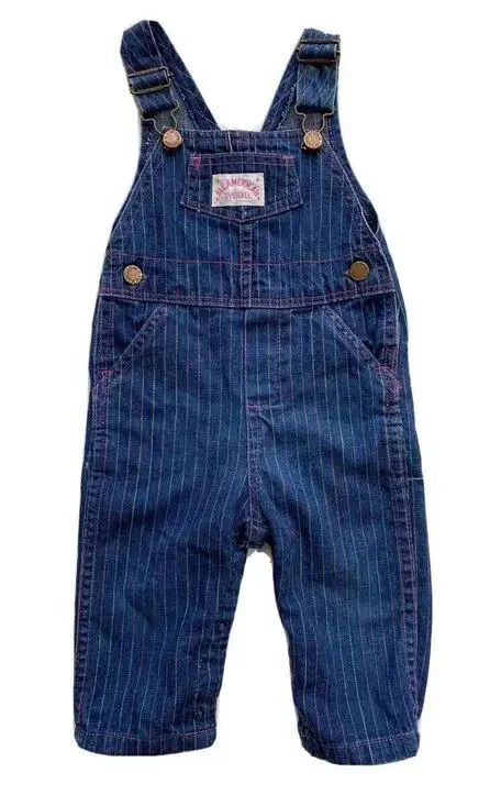 Vtg Healthtex Striped Denim Overalls Baby Girl 24 Months Rainbow Jean USA