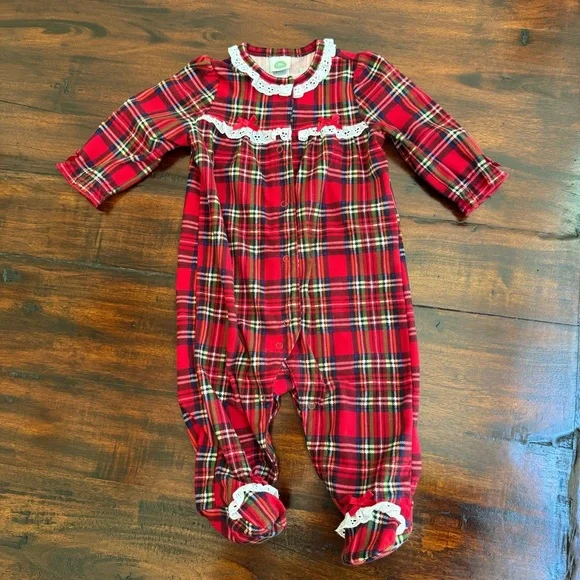 Little Me 6 Mo Girls RED PLAID FLANNEL Lace Christmas Outfit, Footed Pajamas