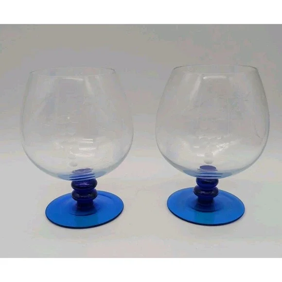 Vtg Luminarc France Ocean Blue Sapphire Cognac Snifters Engraved Grapes