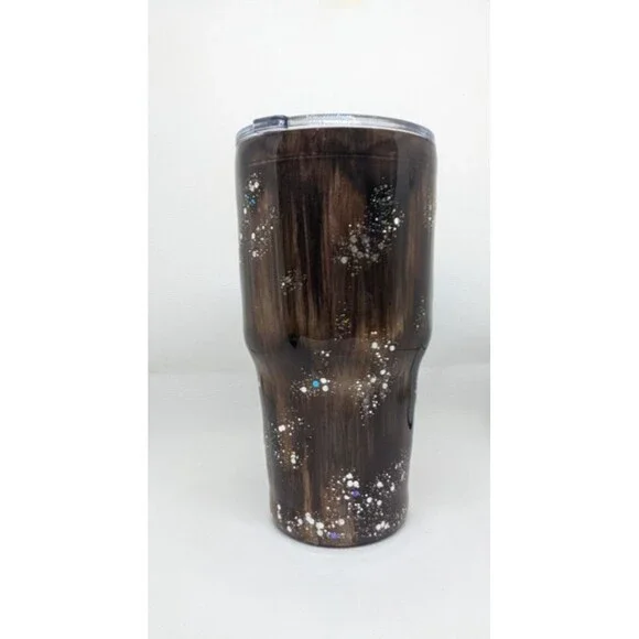 Handpainted Woodgrain Resin Tumbler - Dark Brown & Silver Glitter,  30oz, New
