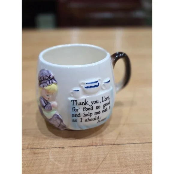 Vintage Enesco Ceramic Childrens Dinner Prayer Mug Girl in Bonnet