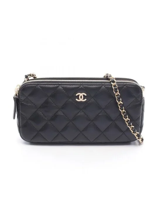 Chanel Shoulder Bag Quilted Black Lambskin Phone Case Chain Wallet
