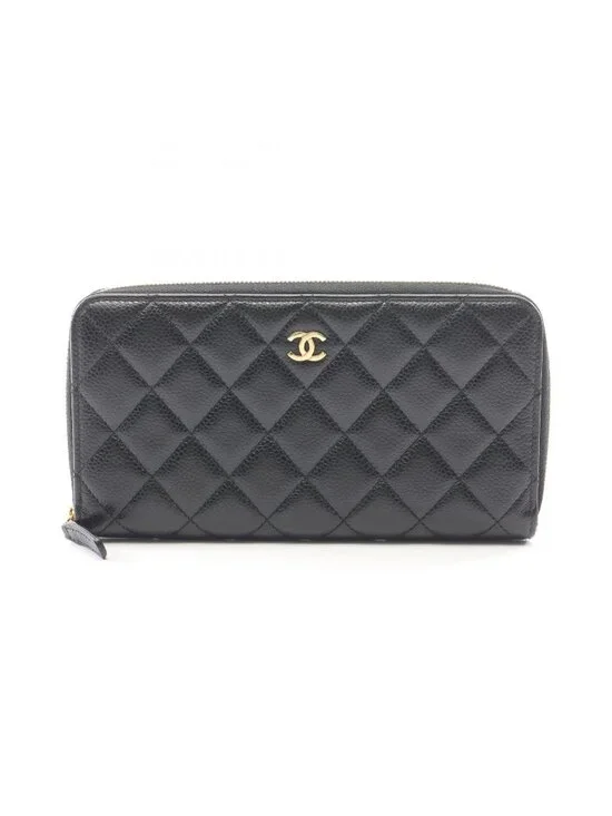 Chanel Round Wallet Classic Long Zip Quilted Black Caviar Leather