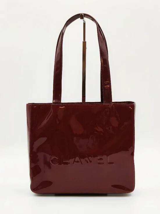 CHANEL Vintage Patent Leather Tote Bag Burgundy CC Logo Shoulder Bag Authentic