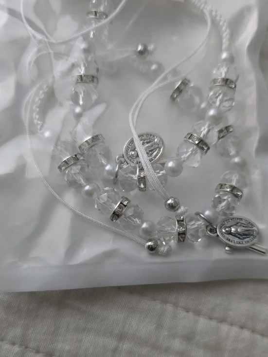 White Beaded Rosary Bracelets with Clear Crystal Accents. Unisex