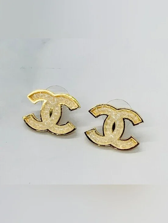 Authentic Chanel 24A Gold Plated Glitter Resin CC Stud Earrings