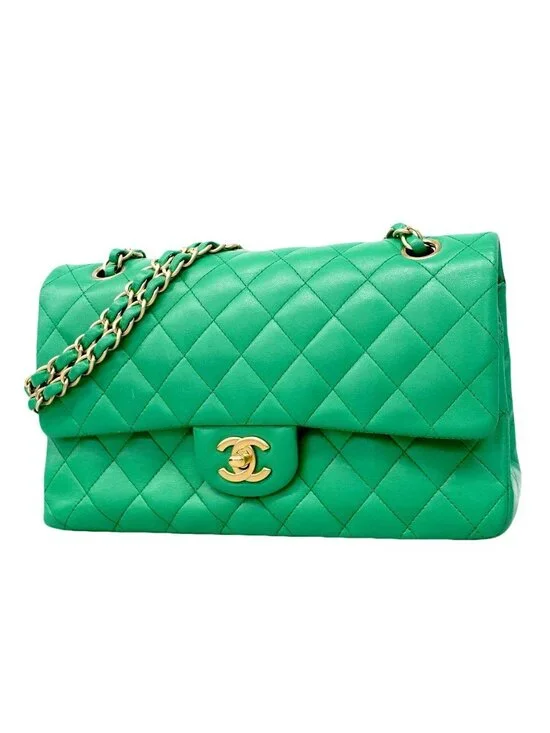 Chanel Shoulder Bag Quilted Lambskin Green Gold