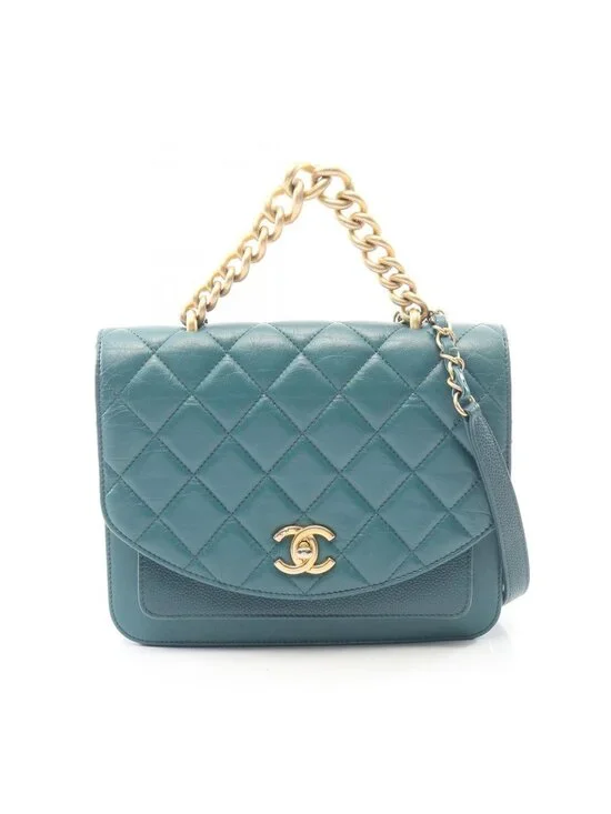 Chanel Shoulder Bag Quilted 2-Way Blue Green Leather