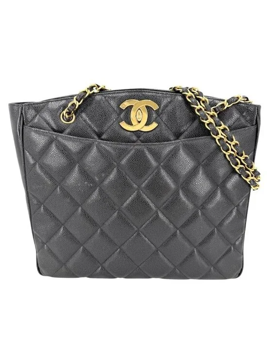 Chanel Big Handbag Quilted CC Logo Chain Tote Shoulder Caviar Leather Black Gold