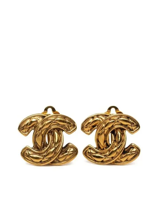 Chanel CC Logo Quilted Earrings Gold Plated