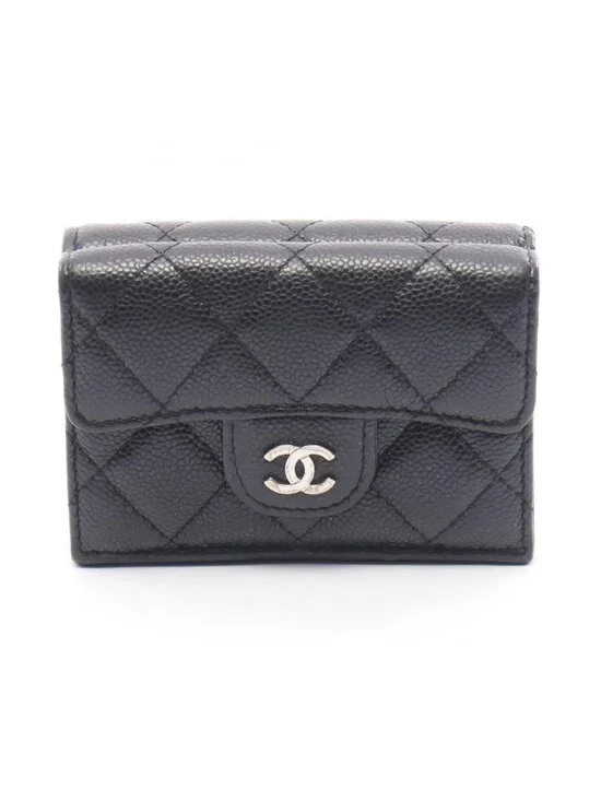 Chanel Trifold Wallet Classic Small Flap Quilted Black Caviar Leather Compact