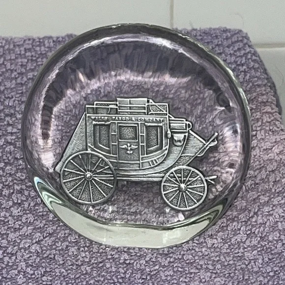 Wells‎ Fargo Stage Coach Wagon Glass Round Paper Weight  3.5