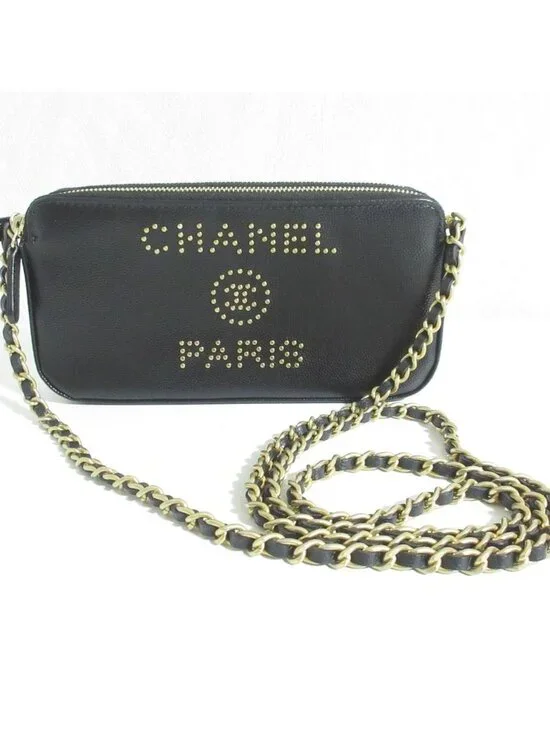 Chanel Deauville Caviar Leather Chain Wallet Shoulder Bag Black