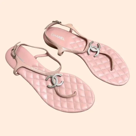 Chanel Quilted T Strap CC Sandals Pink