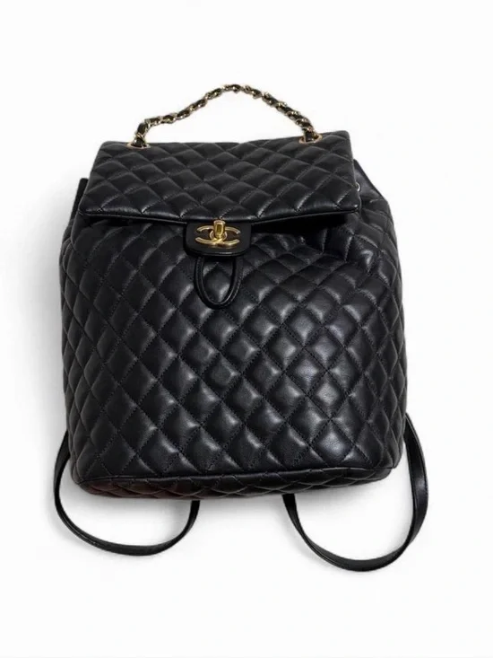 Classic Quilted Black Leather Backpack with Gold Hardware