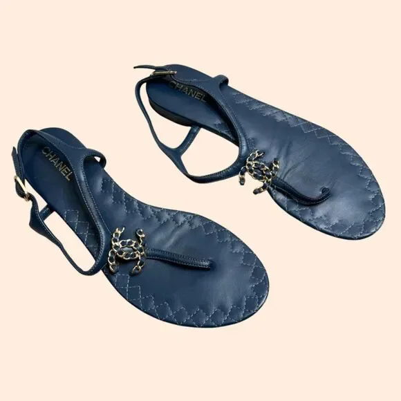 Chanel T Strap CC Chain Sandals Navy