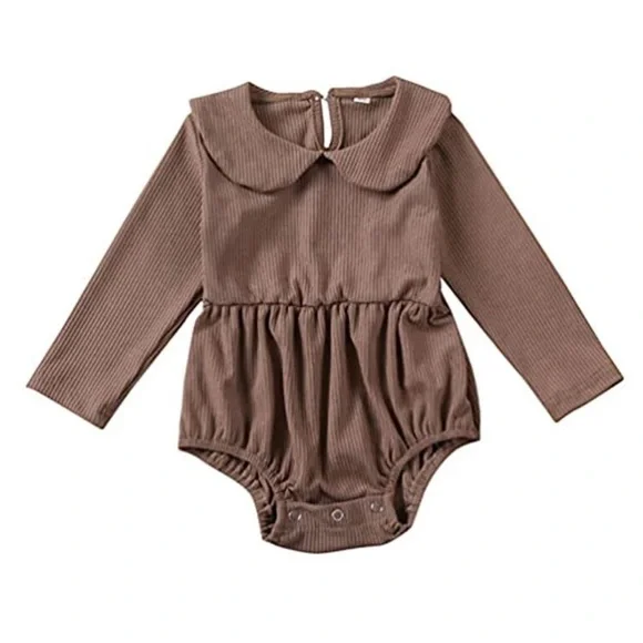 Girls Ribbed Long Sleeve Collar Romper Dusty rose brown Bodysuit 0/3m Peter Pan