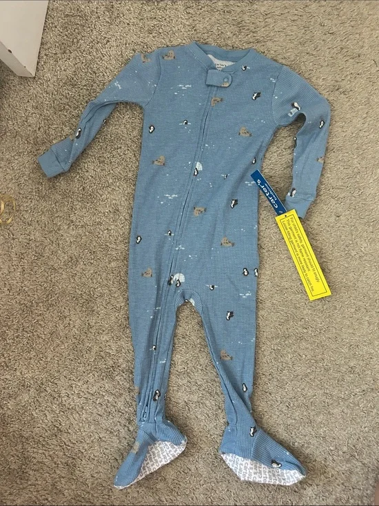 Carter's Blue Penguin & Bear Footed One-Piece Pajamas