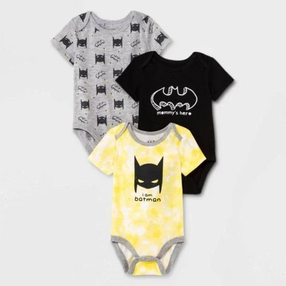 Batman Baby Boys 3 Pack Bodysuit Set 12M Superhero Grey Black Yellow New