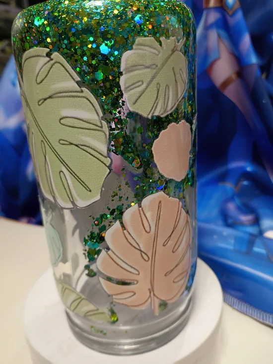 Handmade Tropical Leaf Glitter Tumbler - Green & Peach