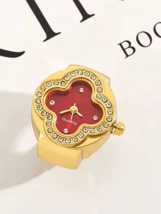 Gold-Tone Red Flower Face Quartz Ring Watch