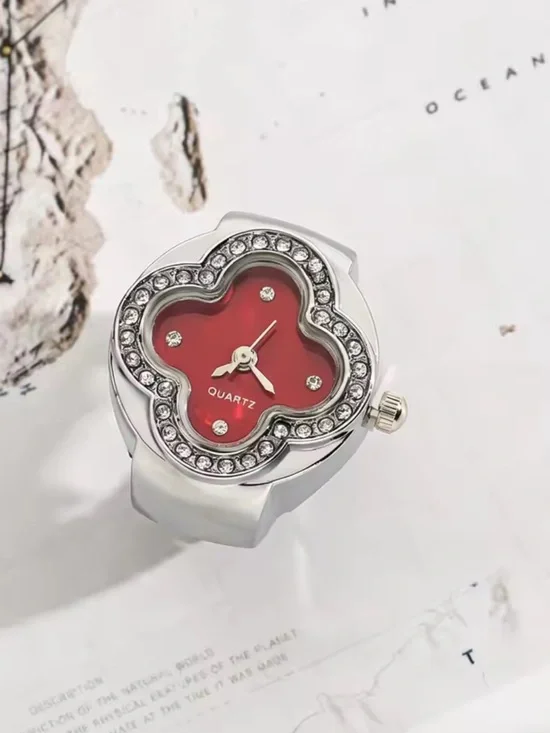 Elegant Red Flower-Shaped Quartz Ring Watch with Crystal Accents