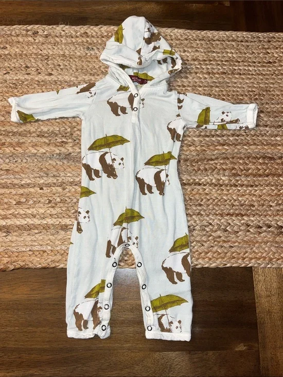 Milkbarn White Hooded One-Piece with Brown Bear & Green Umbrella Print