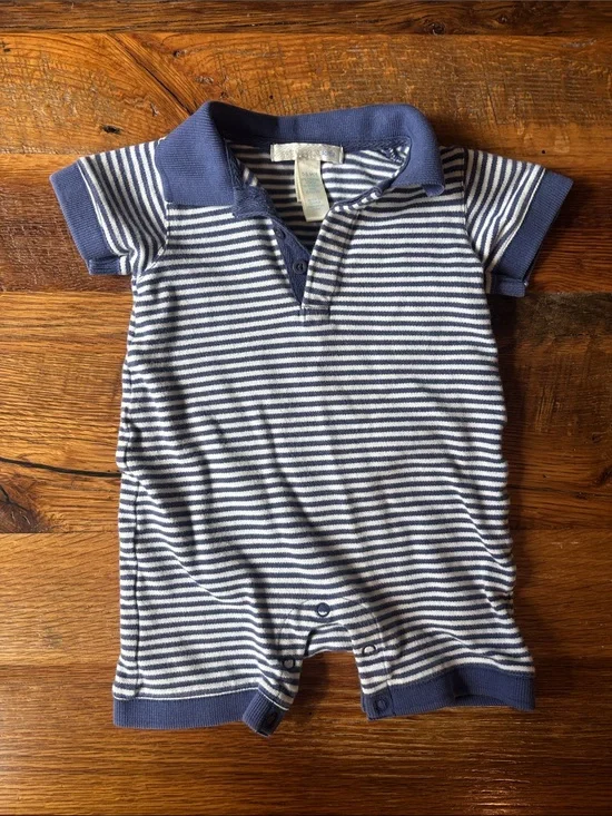 Pottery Barn Kids Striped Baby Polo Romper in Navy and White 0-3 month