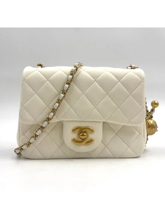 Chanel Coco Ball Mini Quilted Random Lambskin White Shoulder Bag Gold