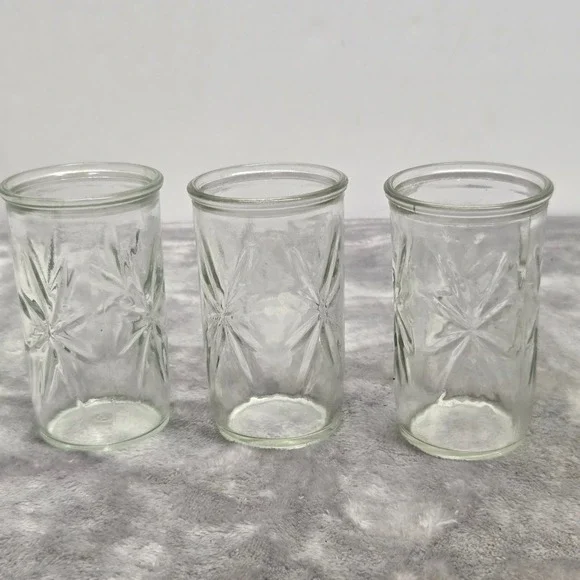 Vintage Starburst Embossed Clear Glass Jars Tumblers Set of 3 Sunburst Pattern