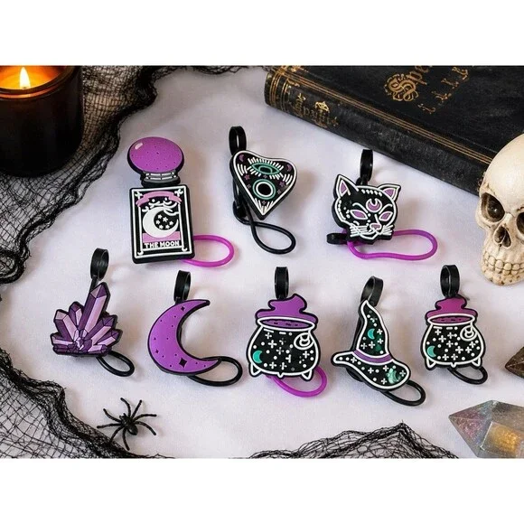 8pc Halloween Straw Toppers Witch Cat Moon Crystal Cauldron Cup Charms Set