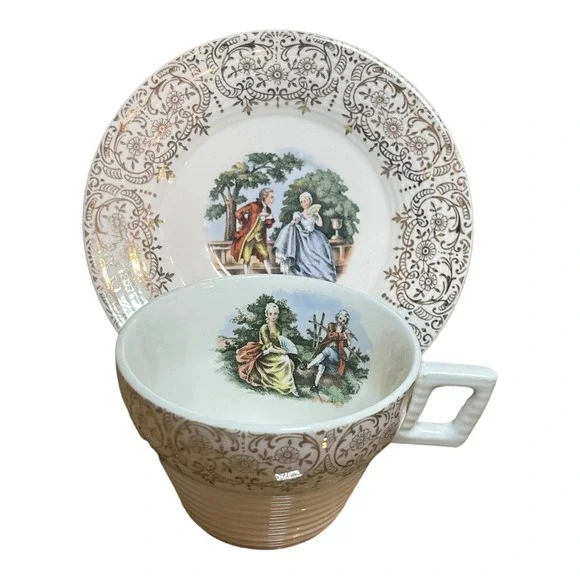 Sebring Pottery Cup Saucer Chantilly USA 22k Gold Courting Couple Porcelain Gilt