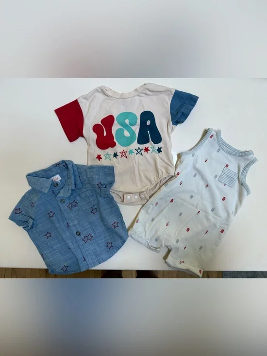 Patriotic 'USA' Graphic Baby Romper and button up. Fourth of July ready!