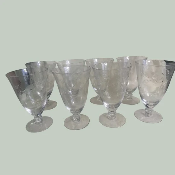 Princess House Heritage Pattern Etched Leaf Crystal Water Goblets Glasses Set 8