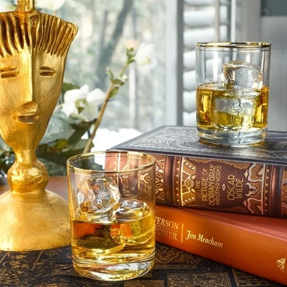 NIB Set of 4‎ Burns Glass gold double rim double old fashioned 11 3/4 Oz