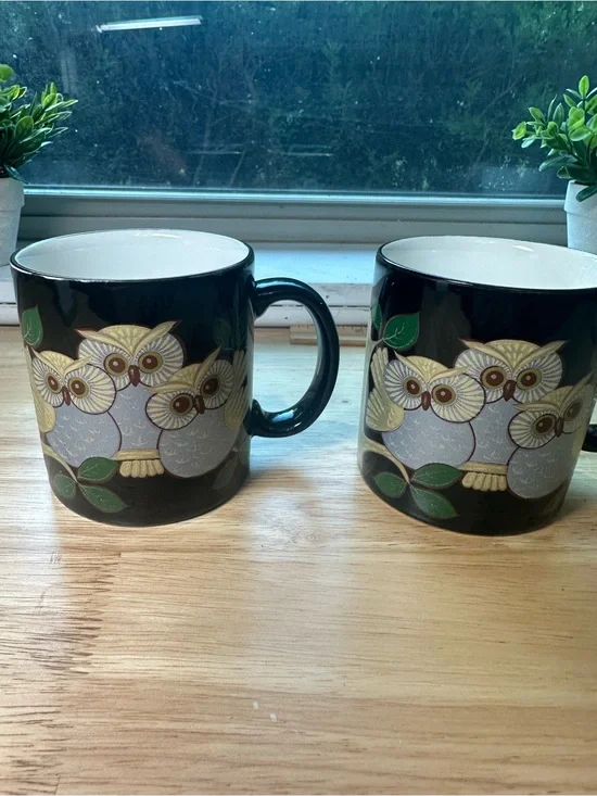 Vintage Otagiri Black Ceramic Owl Mugs with Green Leaf Motif - set of two