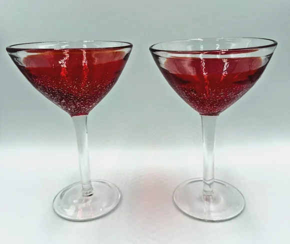 Set Ruby Red Ombre Gold Glitter Dipped Hand Blown Wine Martini Glasses Cocktails