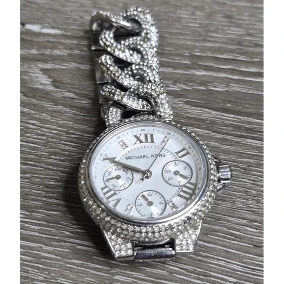 Michael Kors MK3309 Catlin Silver Tone Crystal Pave Chain Link Watch Chronograph