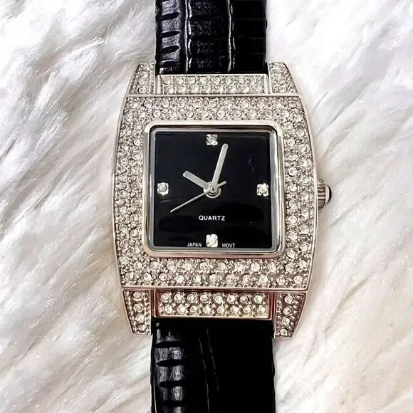 Vintage Women's Watch‎ Black Band Faux Leather Rhinestone Bezel Black Dial