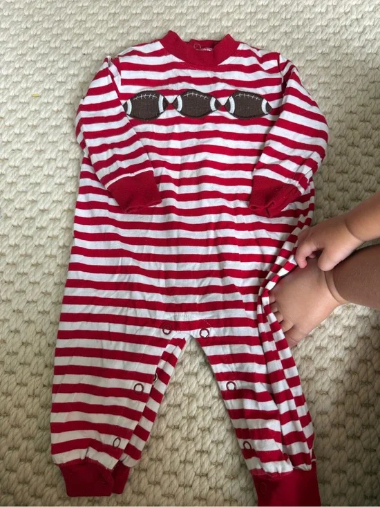 Red & White Striped Football Appliqué Baby One-Piece