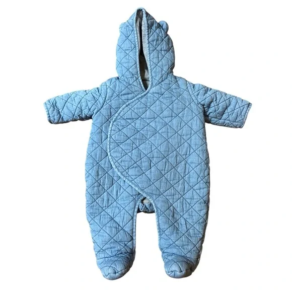 Gap Denim Bunting Baby Blue Quilted Bear Ear Hooded Puffer SIZE 0-3M