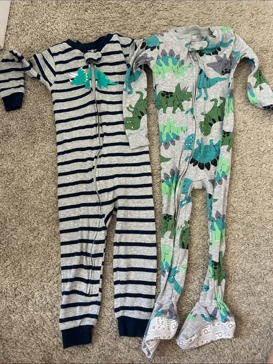 Carter's Grey & Navy Stripe One-Piece with Green Dino Print - 2-Pack
