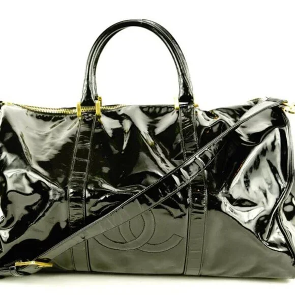 Chanel Large Black Patent CC Logo Duffle Bag with Strap 1C103a