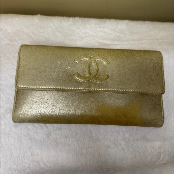 Chanel Gold Metallic Snap Flap Wallet with Auth Sticker