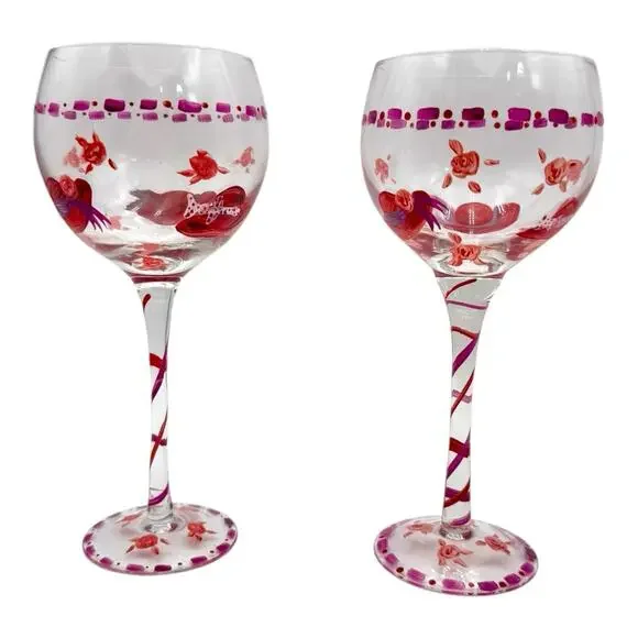 2-‎ Hand Painted Wine Glasses Red Hat Club Girls Night Roses Red Pink EUC