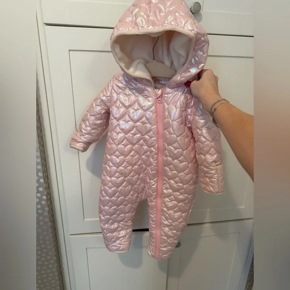 Andy & Evan Shimmering Heart Pink Quilted Snowsuit Footie